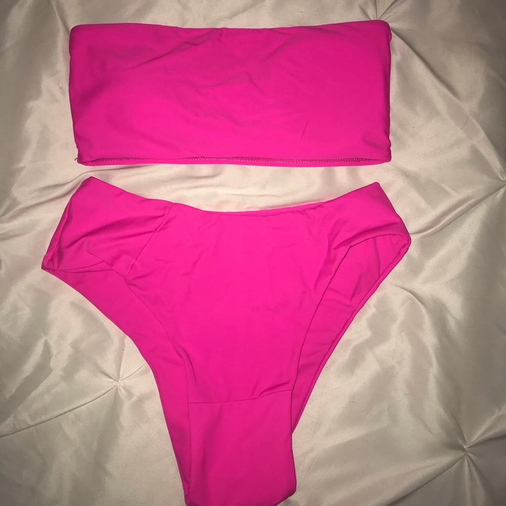 Hot pink bandeau/high leg bikini